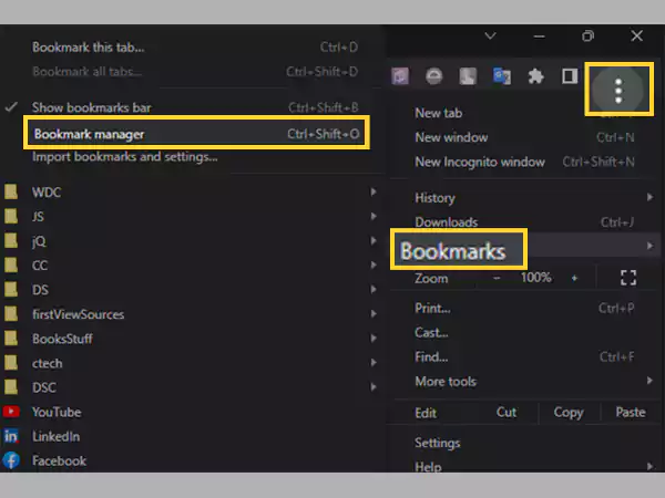 Click on menu, click on Bookmarks and select Bookmark Manager
