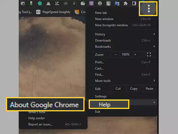 Click on menu icon, click on Help and select About Google Chrome