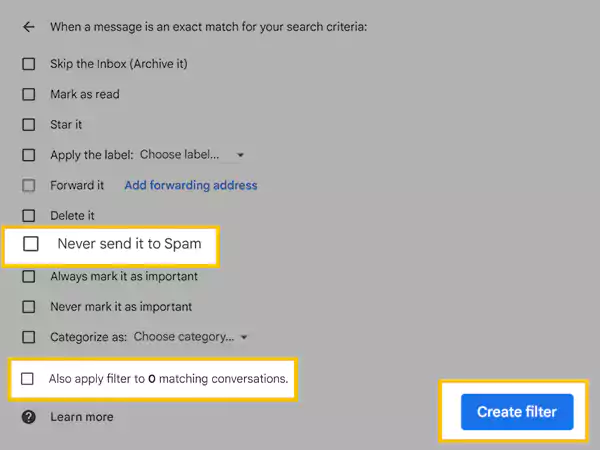 Select the stated options and click Create Filter