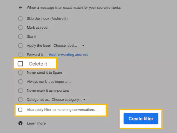 Select the stated options and click Create Filter
