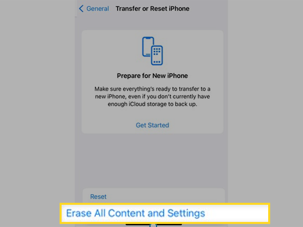 Tap on Erase All Content and Settings