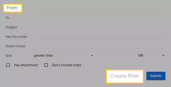 Type the email address in From and click Create Filter