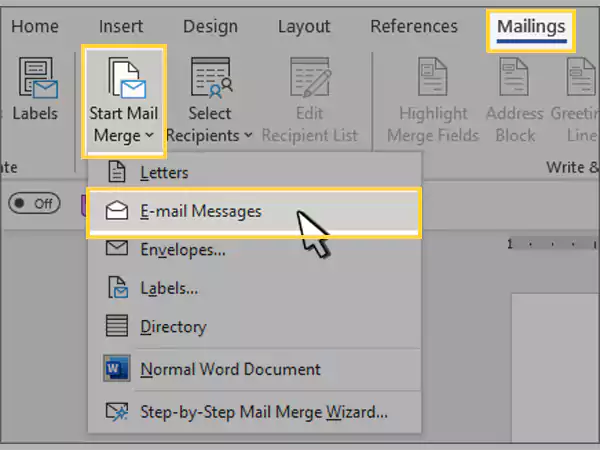 Click on Start Mail Merge & select E-mail messages.