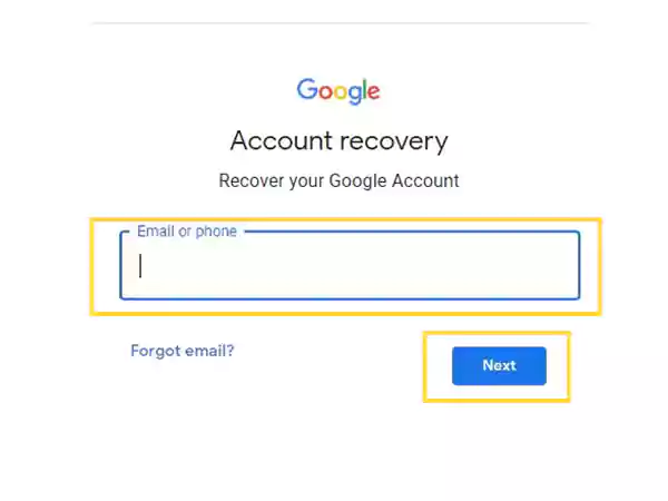Enter the recovery email address or phone number, and click Next