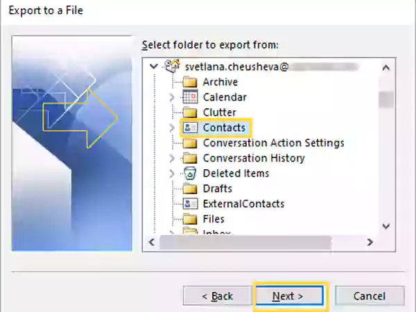 Select Contacts and click Next.