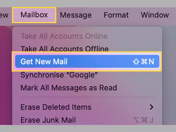 Click on Mailbox and select Get New Mail.