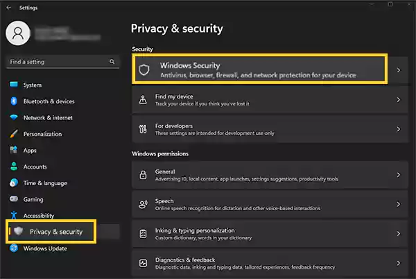 Go to Privacy & Security and click Windows Security