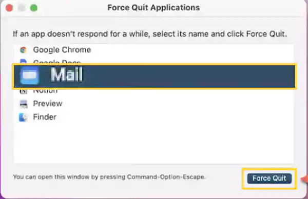 Select Mail and click on Force Quit