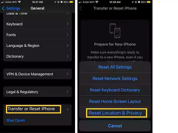 Tap on Reset Location & Privacy