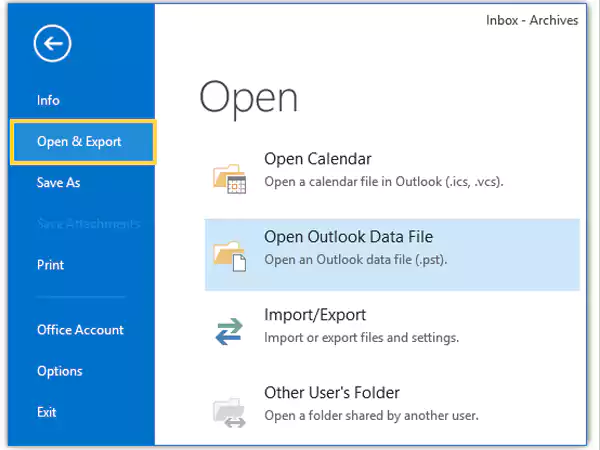 Go to Open & Export and click on Open Outlook Data File