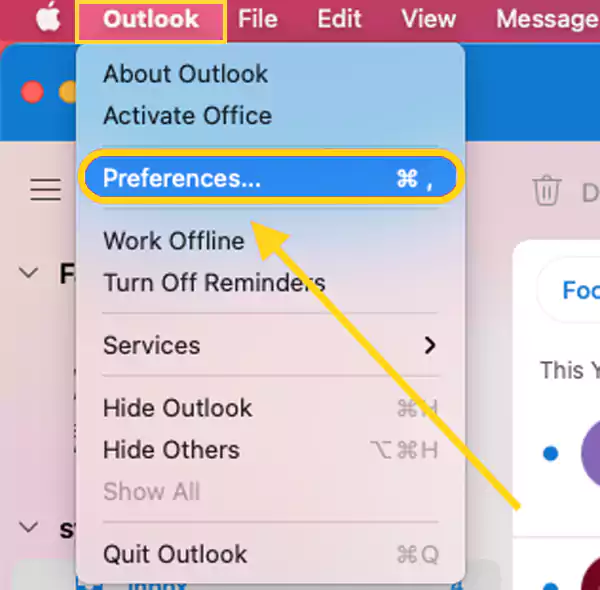 Click on Outlook and select Preferences