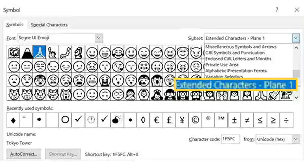 select “Extended characters – plane 1”