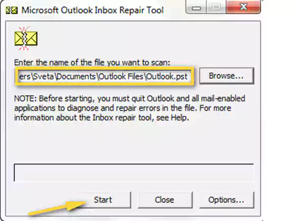 Browse Outlook data file location and click Start