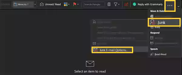 Click on the more menu icon, click Junk & select Junk E-Mail Options