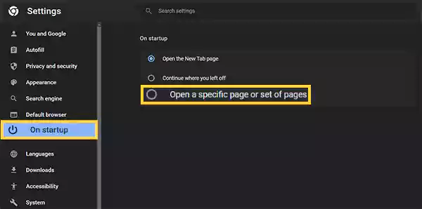 Go to On Startup and select Open Specific Page