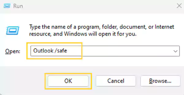 Type Outlook safe to open Outlook in Safe Mode