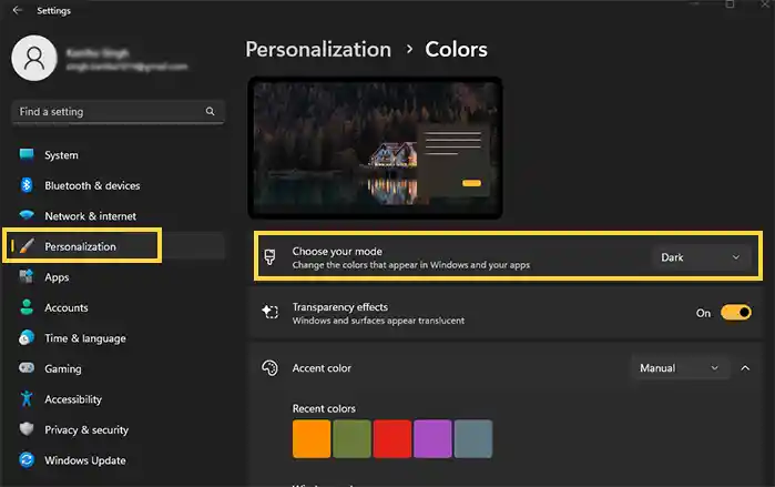 Go to Personalization and select Dark Mode.