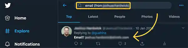 Search the email address in the Twitter Advanced search.