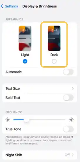 Select Dark Theme on iPhone.