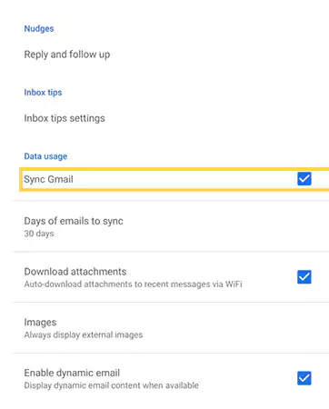 Uncheck Sync Gmail under Data usage