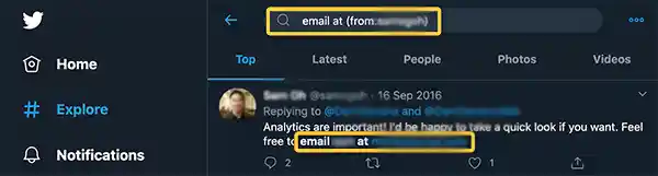 Use “at” with email in the Twitter Advanced search.