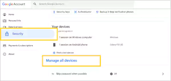 Go to Security and tap on Manage All Devices