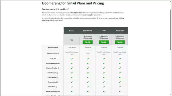 Boomerang pricing plans for Gmail