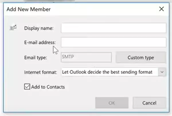 Enter a display name and email address along with the email type
