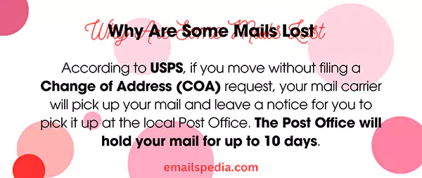 Why Are Some Mails Lost: According to USPS, if you move without filing a Change of Address (COA) request, your mail carrier will pick up your mail and leave a notice for you to pick it up at the local Post Office. The Post Office will hold your mail for up to 10 days.